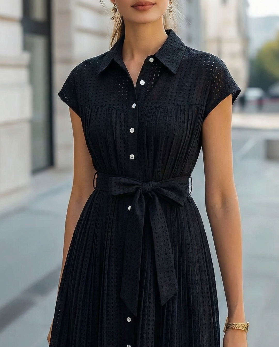 Elegant Sheer Pleated High-Neck Button-Up - Midi Dress