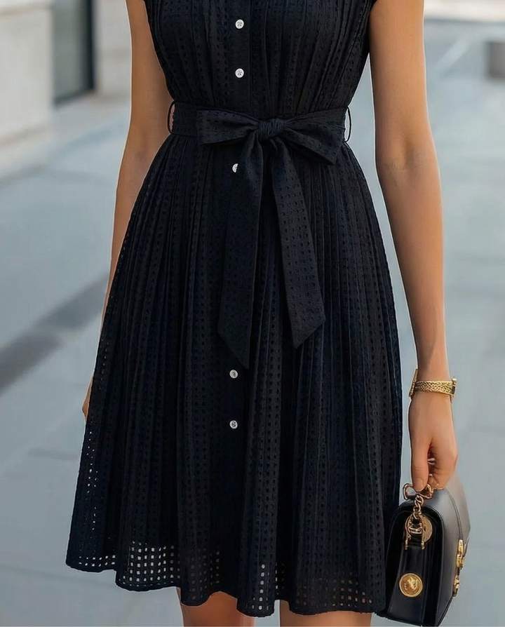 Elegant Sheer Pleated High-Neck Button-Up - Midi Dress