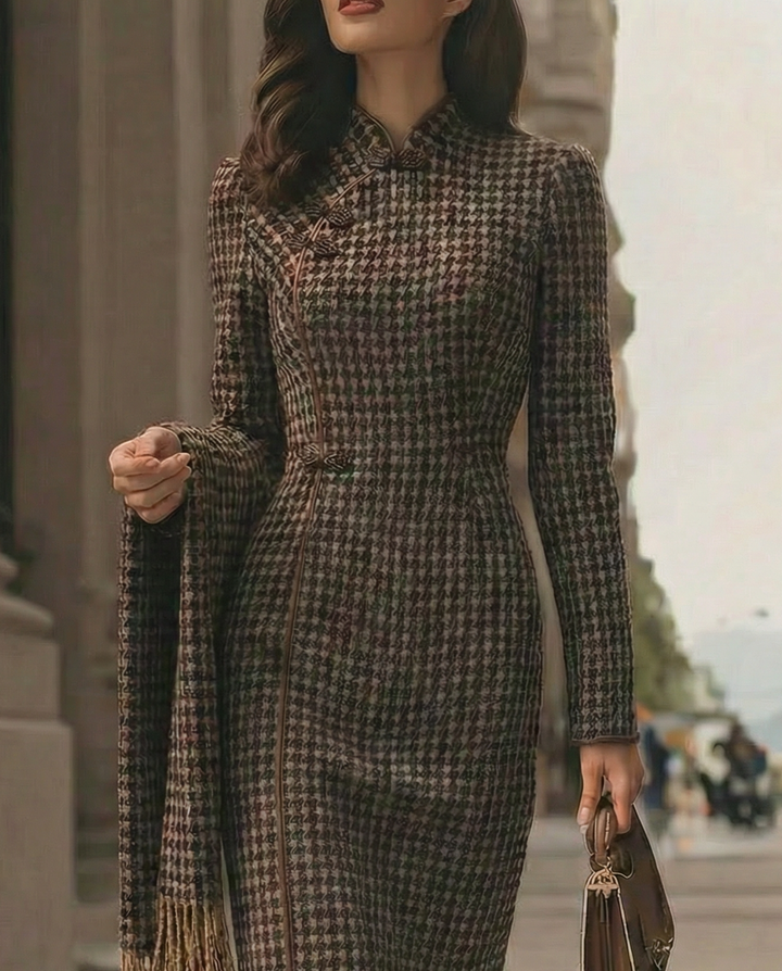 Classic Houndstooth Long-Sleeve Tailored Fit - Midi Dress
