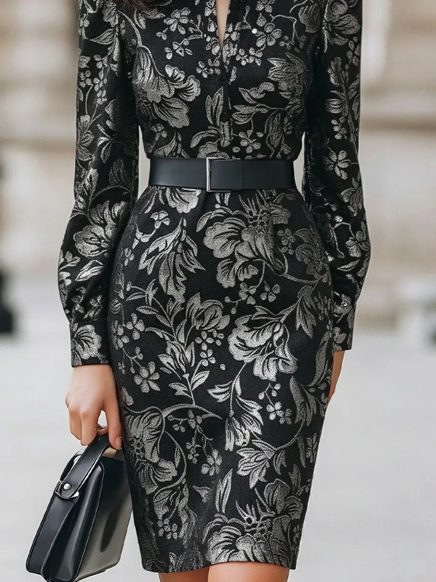 Velvet Floral Jacquard with Belted Waist - Midi Dress CASA LARO