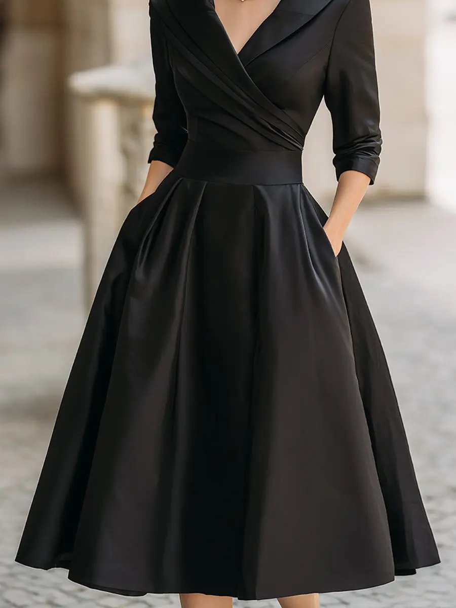 Vintage Satin Draped Collar Elegant Silhouette - Midi Dress CASA LARO