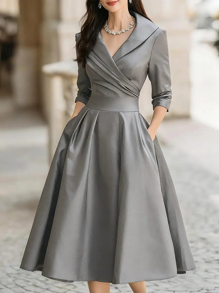 Vintage Satin Draped Collar Elegant Silhouette - Midi Dress CASA LARO