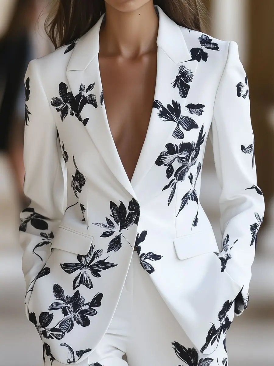 White Blazer with Bold Black Floral Print - Women's Blazer CASA LARO