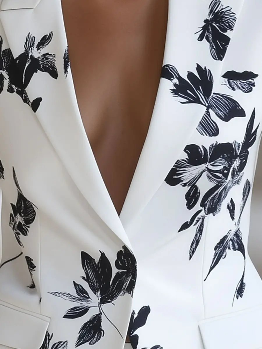 White Blazer with Bold Black Floral Print - Women's Blazer CASA LARO