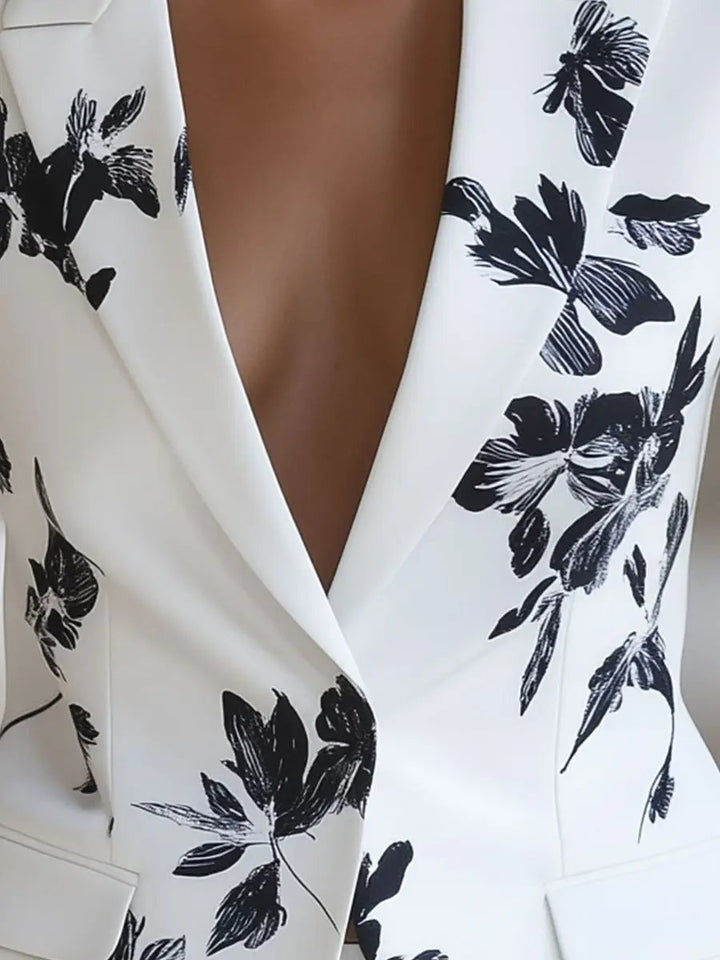 White Blazer with Bold Black Floral Print - Women's Blazer CASA LARO