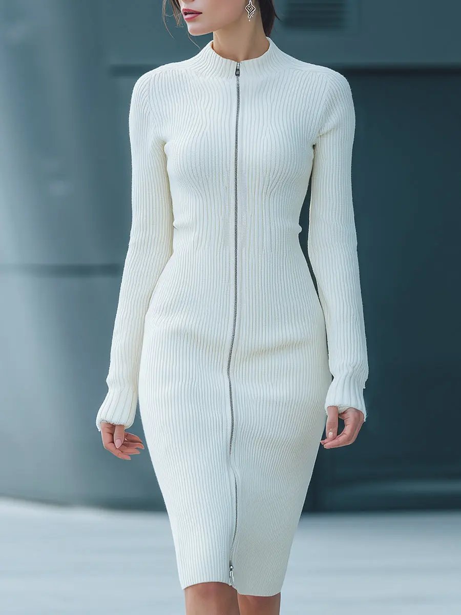 White Ribbed Zip-Front Knit Bodycon - Midi Dress CASA LARO