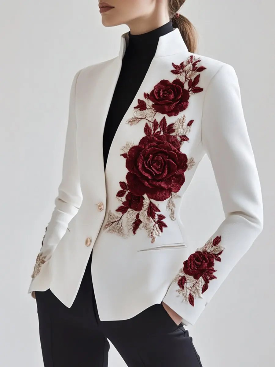White Tailored Blazer with Red Rose Embroidery - Blazer CASA LARO