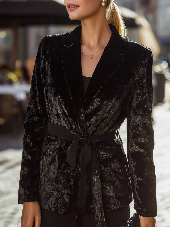 Women's Black Velvet Belted Tailored Blazer - Blazer CASA LARO