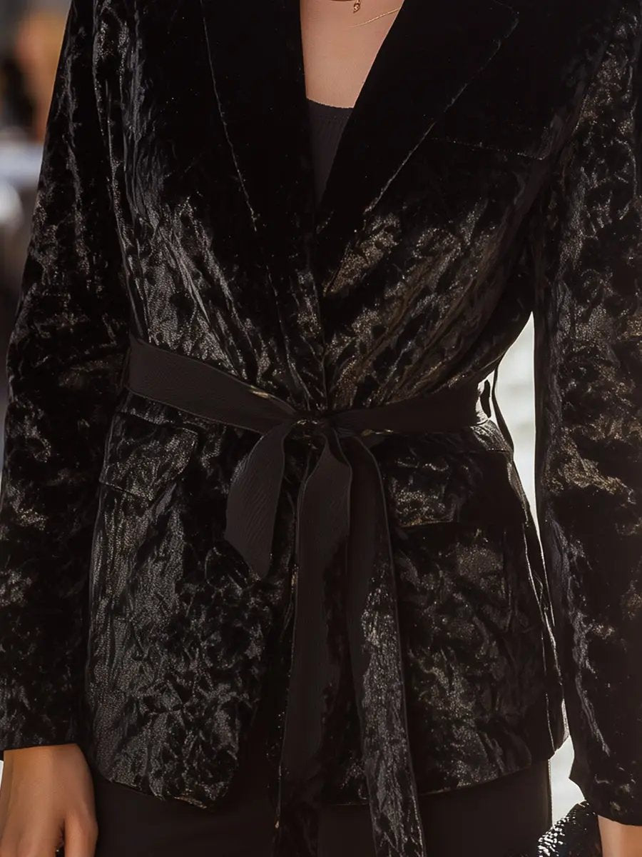 Women's Black Velvet Belted Tailored Blazer - Blazer CASA LARO