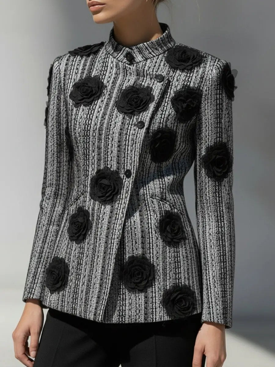 Women's Black & White Striped Floral Appliqué - Jacket CASA LARO