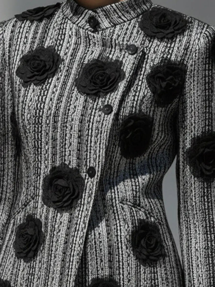 Women's Black & White Striped Floral Appliqué - Jacket CASA LARO