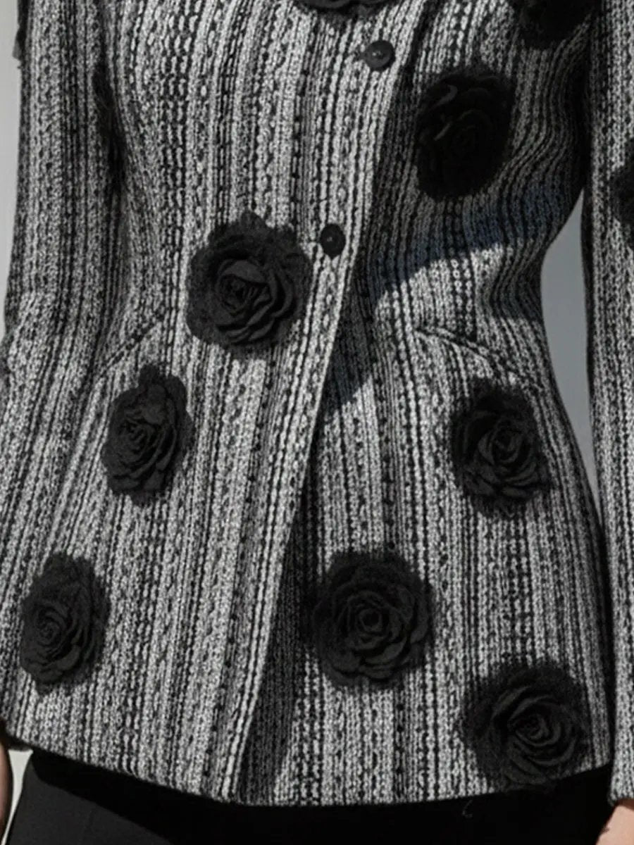 Women's Black & White Striped Floral Appliqué - Jacket CASA LARO