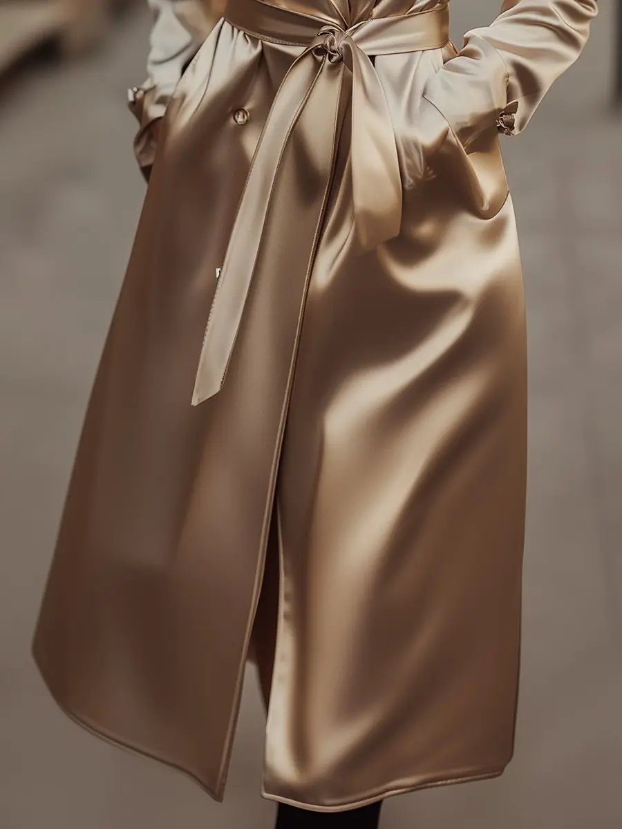 Women's Champagne Satin Tailored Trench, Timeless Elegance - Trench Coat CASA LARO