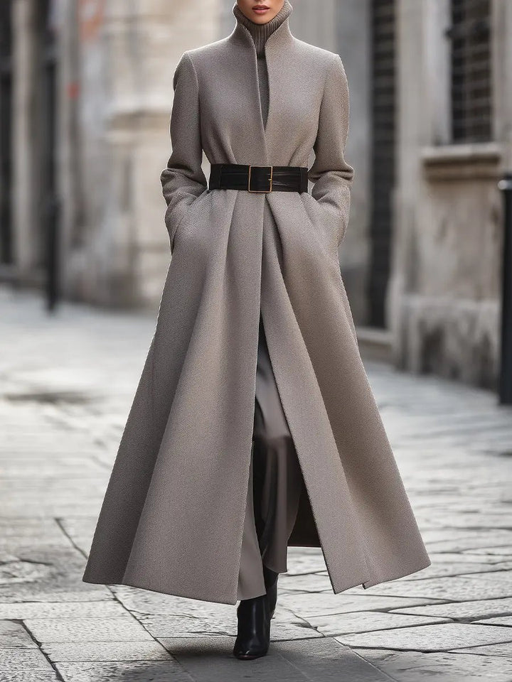 Women's Taupe High-Collar Belted Longline - Coat CASA LARO