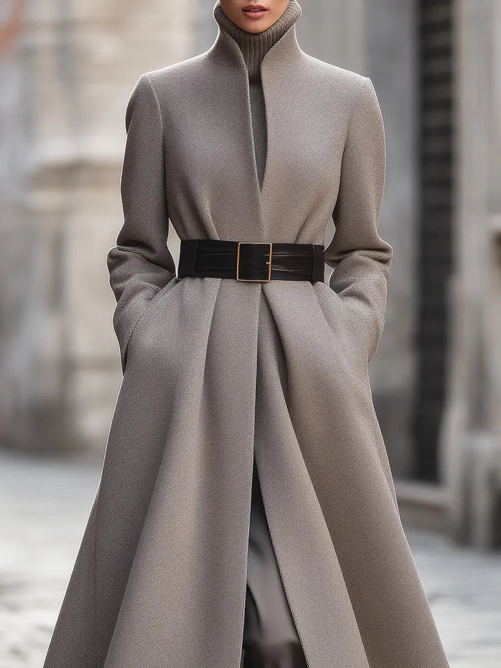 Women's Taupe High-Collar Belted Longline - Coat CASA LARO