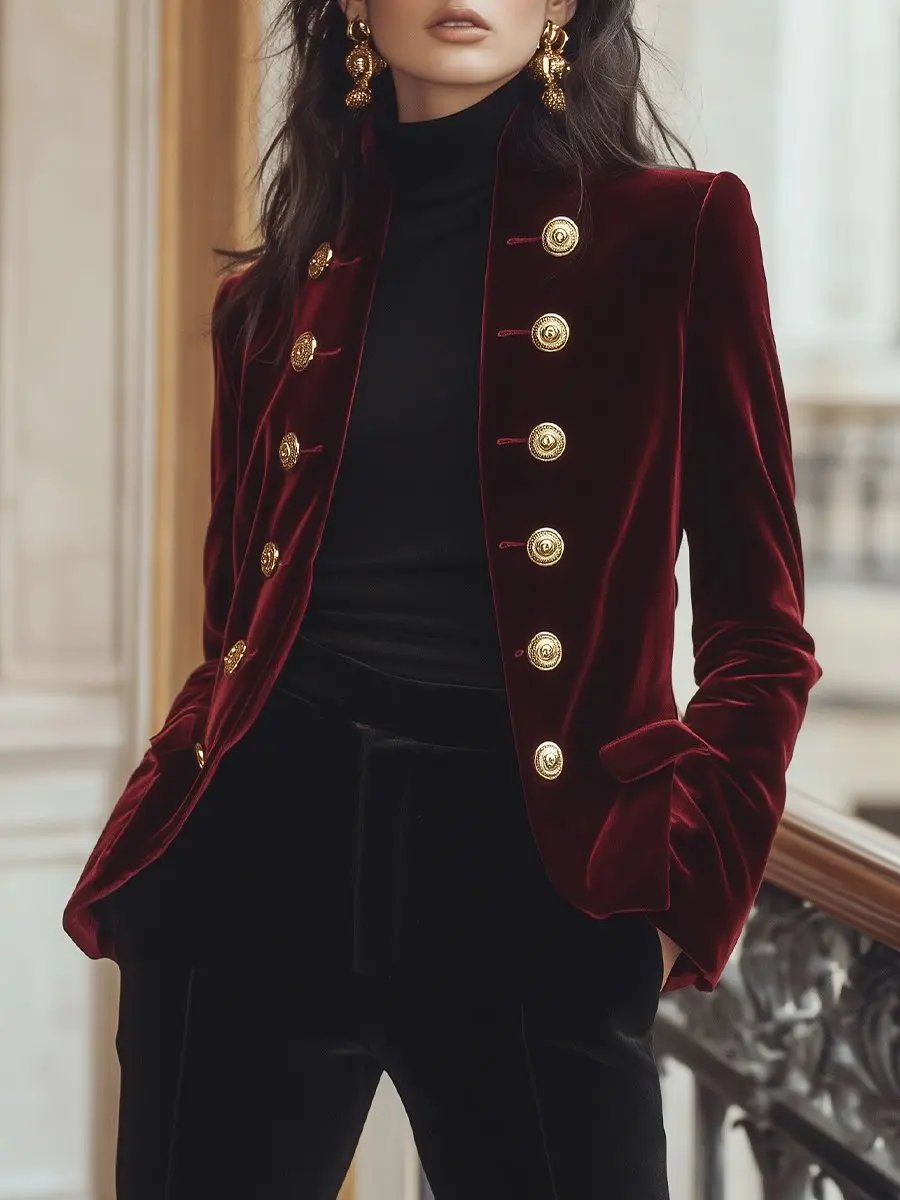 Women's Velvet Blazer with Gold Trim - Jacket CASA LARO
