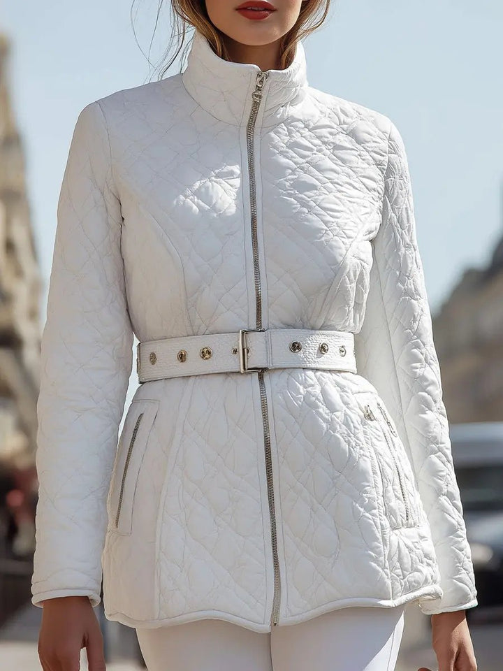 Women's White Quilted Belted High-Collar - Jacket CASA LARO