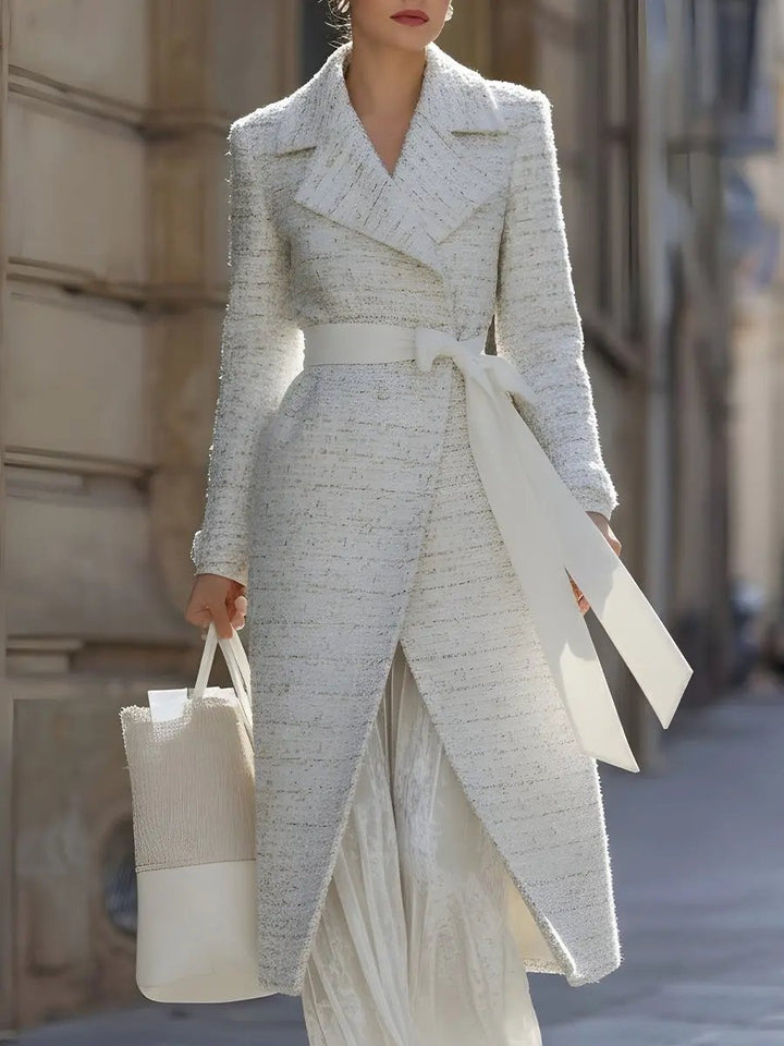 Women's White Textured Tweed Belted Style - Coat CASA LARO
