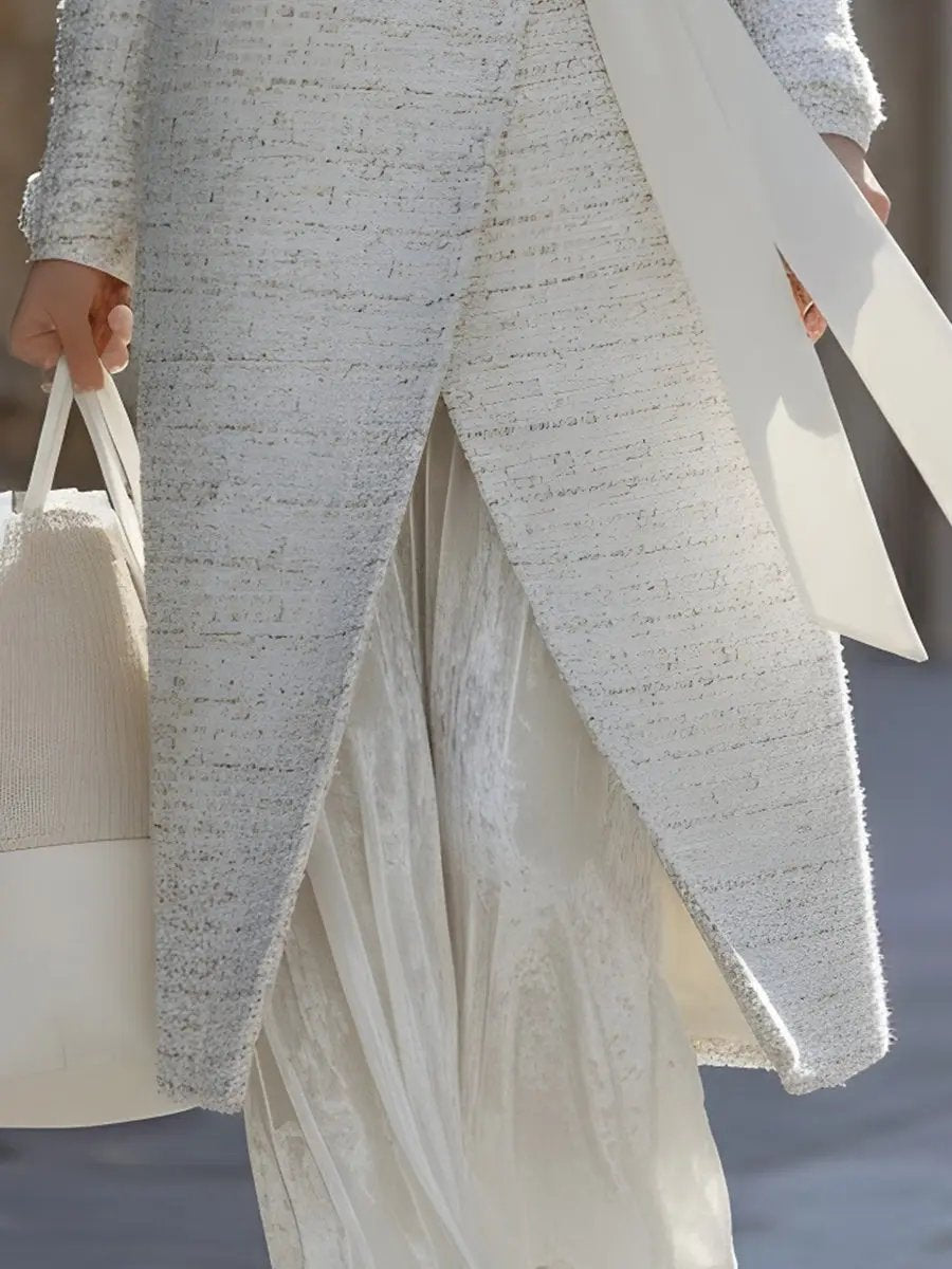 Women's White Textured Tweed Belted Style - Coat CASA LARO