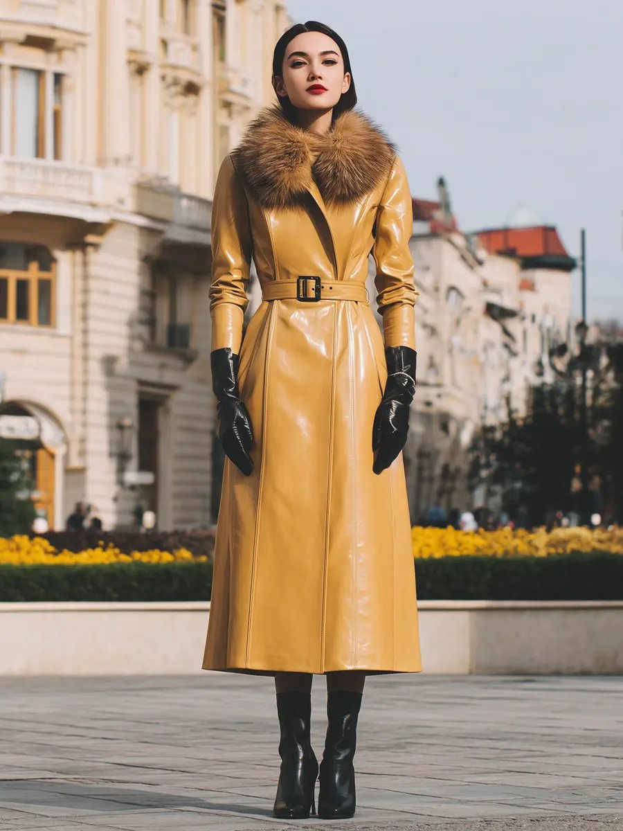 Yellow Faux Leather With Faux Fur Collar - Women's Coat CASA LARO
