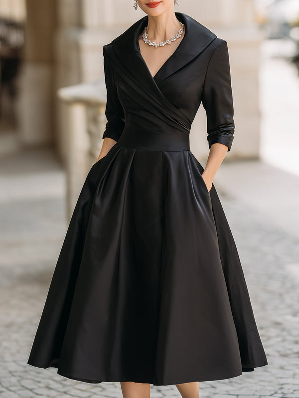 Vintage-Inspired Satin Midi Dress With Draped Collar HWT