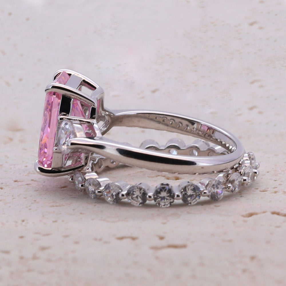 4.0CT Three Stone Pink Sterling Silver Engagement Ring with Eternity Band shine of diamond