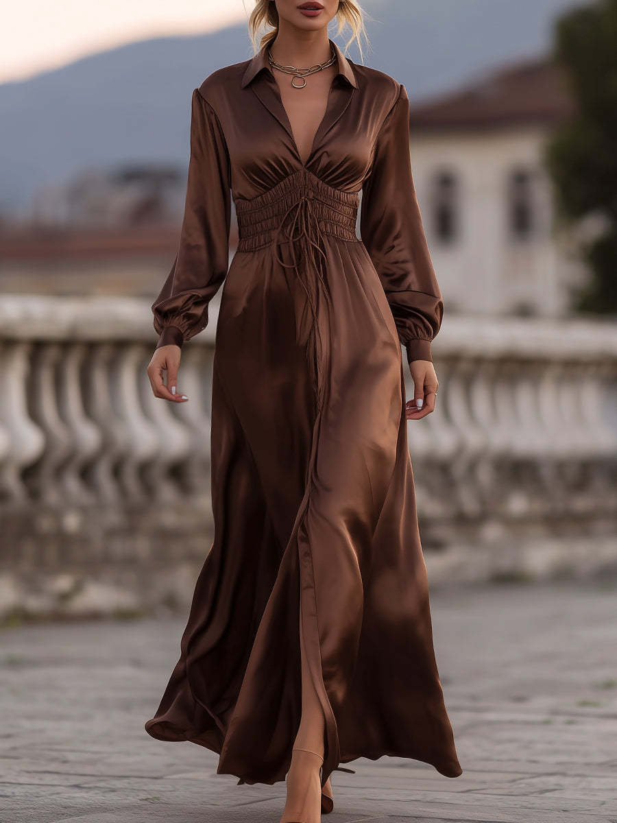 Casa Laro Satin Cinched Waist Maxi Dress In Mocha Brown ZJ