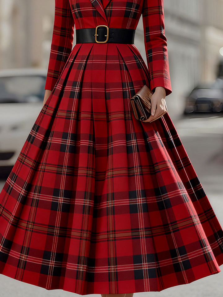 Casa Laro Statement Red Plaid Trench Dress With Gold Buckle Belt SN