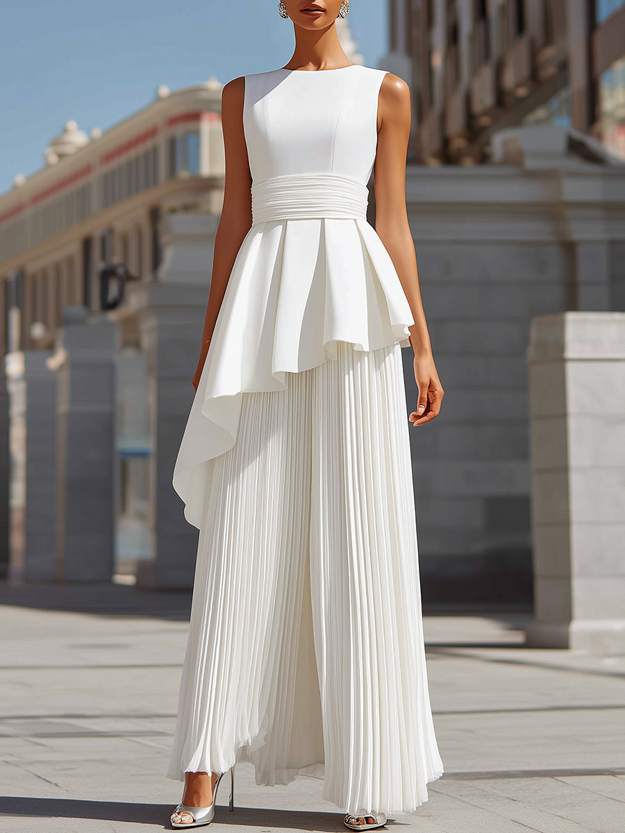 Sculpted Asymmetric Peplum & Pleated Maxi Gown In White ZJ