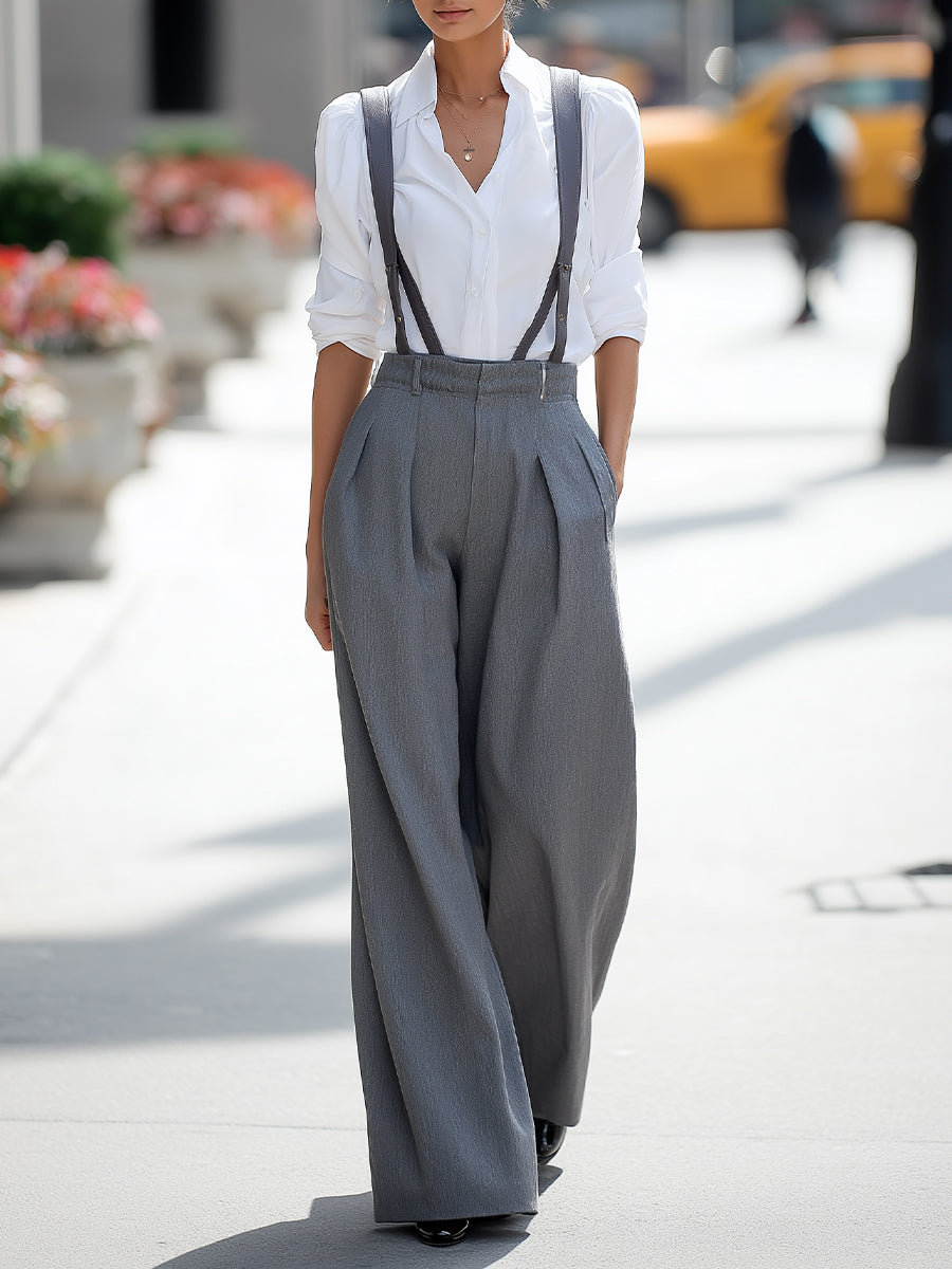 Classic White Shirt & Suspender Wide-Leg Trousers Set XYS