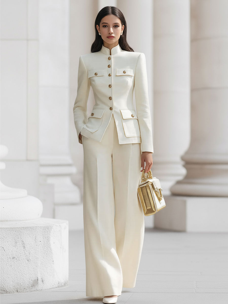 Elegant Cream Military-Inspired Tailored Suit Set With Gold Accents SN