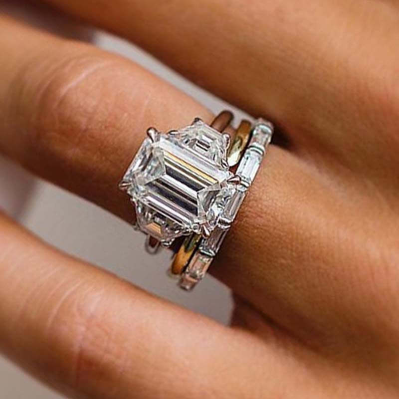 Emerald Cut Three Stone Engagement Ring & Wedding Band Shineofdiamond