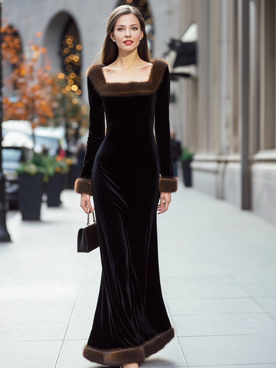 Luxurious Black Velvet Gown With Faux Fur Trim SN