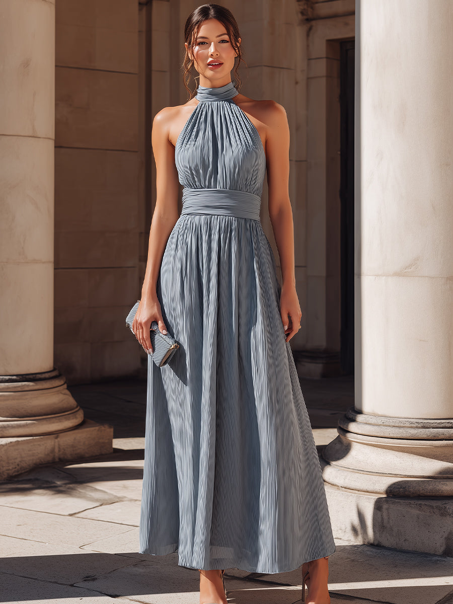 Pleated Halter Neck A-Line Maxi Dress XYS