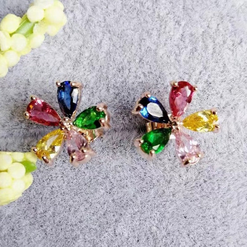 Rose Gold /18K White Gold Plated Sterling Silver Colorful Five-petal Flower Earrings Stud shine of diamond