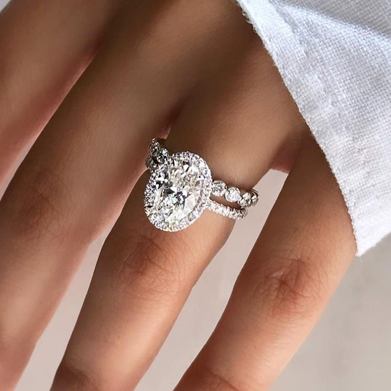 2pcs Halo Oval Cut Wedding Set  In Sterling Silver Shineofdiamond