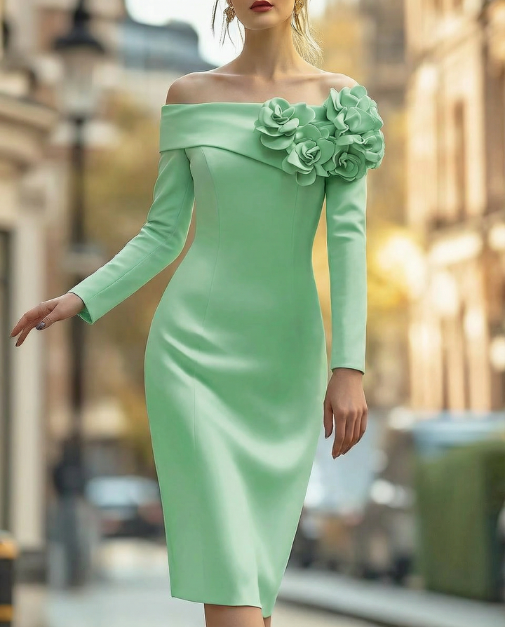 Mint Green 3D Floral A-Line - Midi Dress