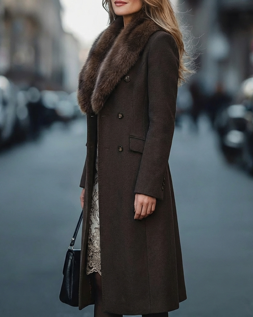 Brown Longline Coat with Faux-Fur Collar & Button Detail