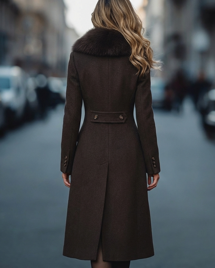 Brown Longline Coat with Faux-Fur Collar & Button Detail