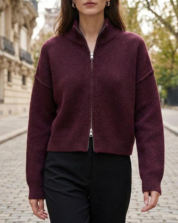 Women’s Knit Zip-Up Jacket with Ribbed Collar