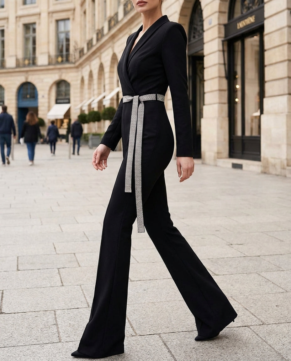 Sleek Black Belted Slim-Fit Jumpsuit