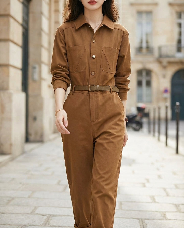 Belted Button-Front Utility Tailored – Jumpsuit