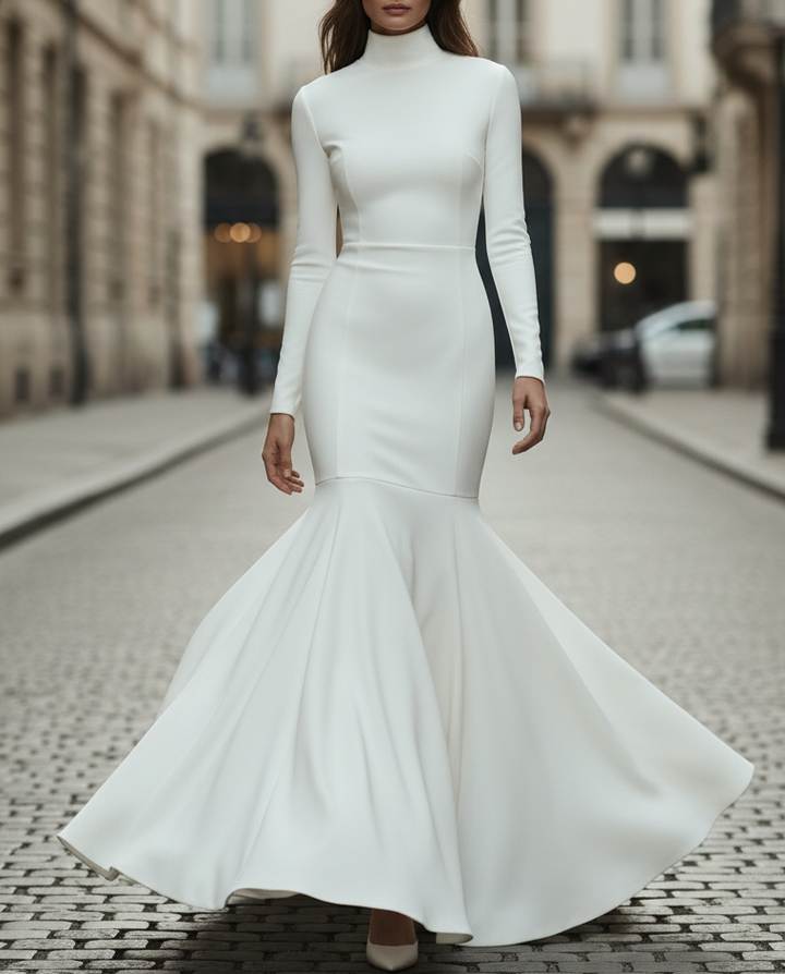 Chic High-Neck Mermaid Hem Long-Sleeve Midi Dress