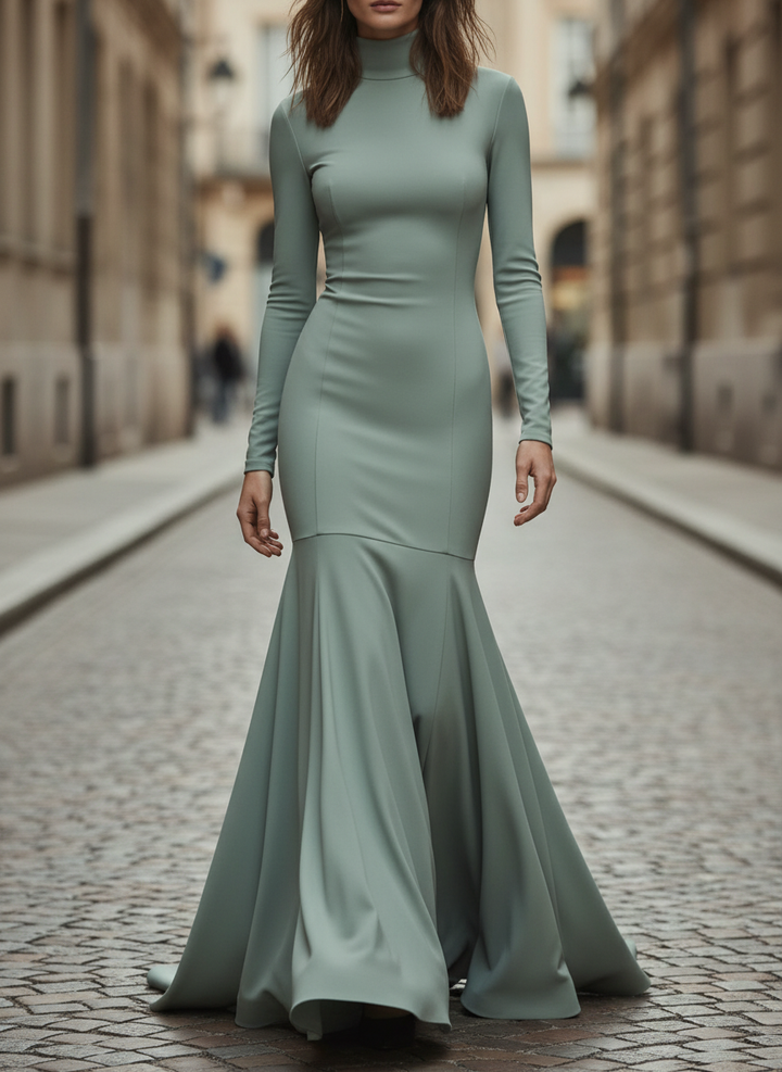 Chic High-Neck Mermaid Hem Long-Sleeve Midi Dress