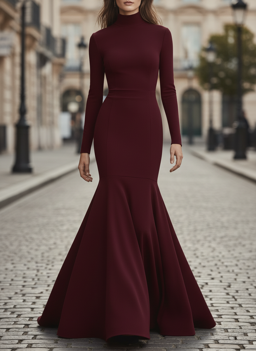 Chic High-Neck Mermaid Hem Long-Sleeve Midi Dress