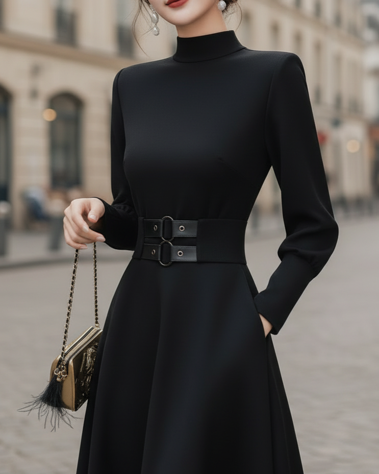 Structured High-Neck Double-Belt Chic – Midi Dress