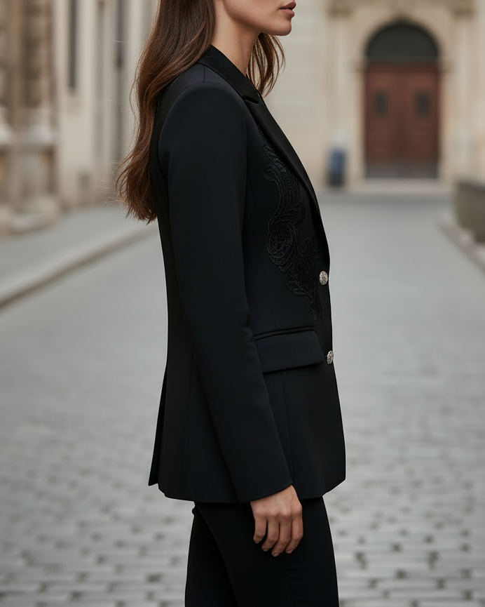 Black Satin Lace Embroidery Detail - Blazer