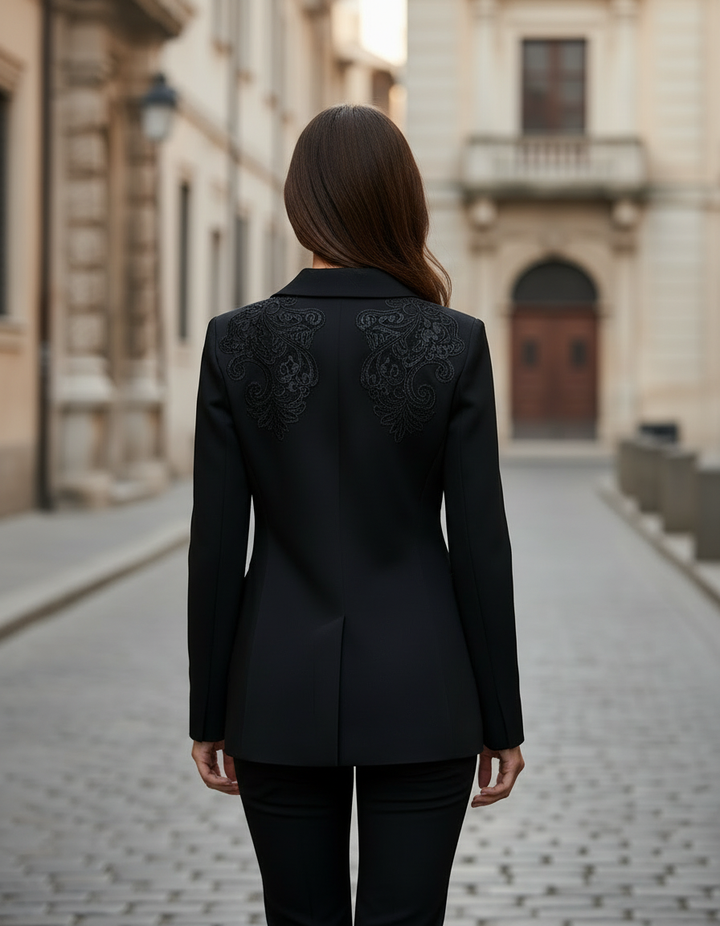 Black Satin Lace Embroidery Detail - Blazer