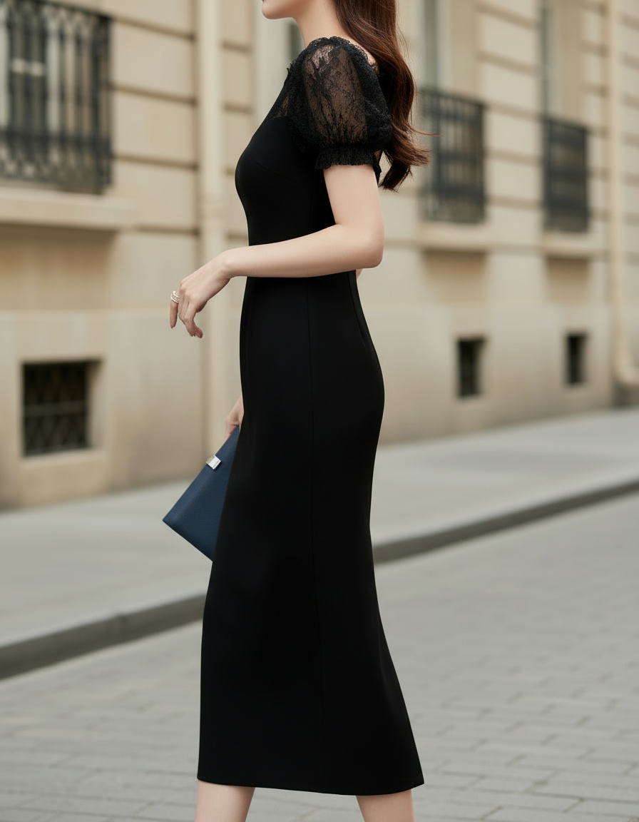 Elegant Black Lace Overlay - Cocktail Dress