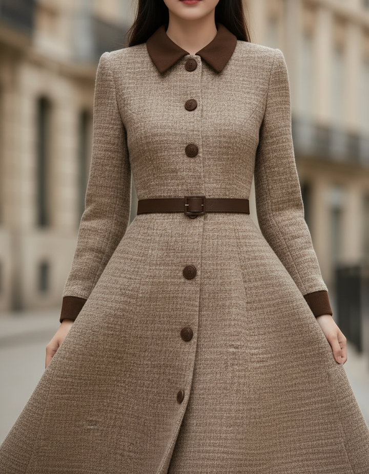 Chocolate Brown Velvet-Trim Belted Silhouette - Midi Dress